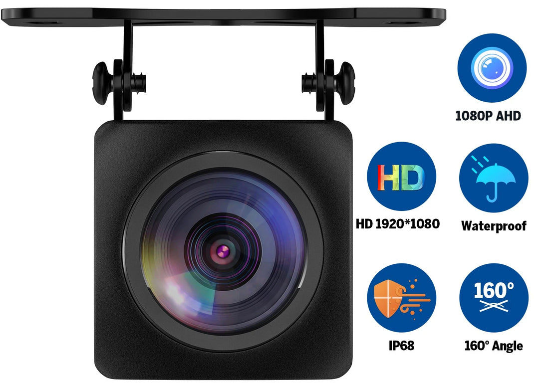 Black Eonon 1080P AHD HD car rearview backup camera with blue waterproof label and silver 160° angle lens.