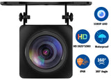 Black Eonon 1080P AHD HD car rearview backup camera with blue waterproof label and silver 160° angle lens.