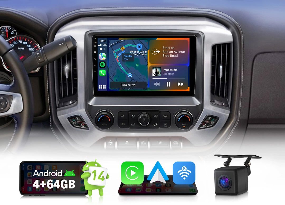 Chevy Silverado 2014–2018 CarPlay GPS with 10.1-inch radio, side view, and green Android 4+ 64GB case.