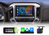 Chevy Silverado 2014–2018 CarPlay GPS with 10.1-inch radio, side view, and green Android 4+ 64GB case.