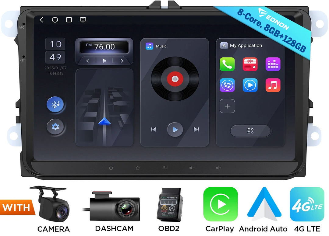 Black 9-inch QLED 8+128 Android Auto for VW Golf MK6 2009-2013 CarPlay WiFi 6 touchscreen with apps and camera.