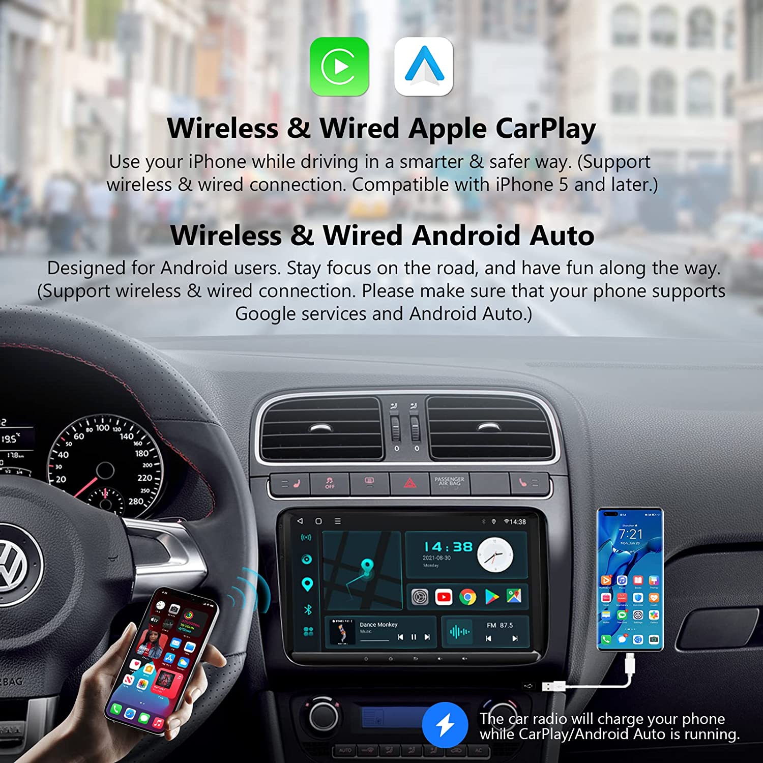 Navigation for VW Seat & Skoda 9, Carplay Wireless, Android Auto