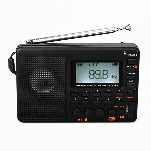 V115 Portable FM/AM/SW Radio Digital Rechargeable MP3 Player Recorder
