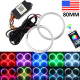 Set RGB 80MM COB LED Angel Eye Lights Halo Rings Phone APP Control Headlight DRL